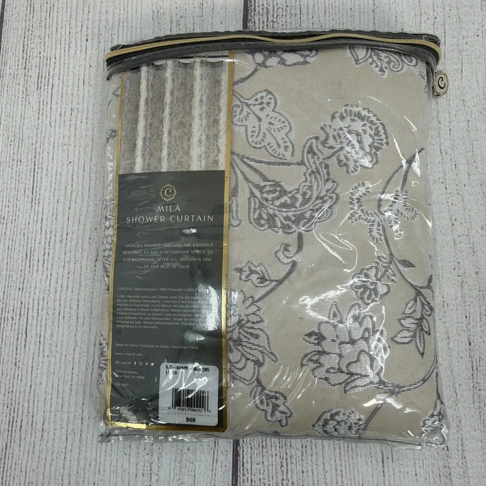 Croscill Shower Curtain Mila Linen Floral Jacquard Beige White Embroidered